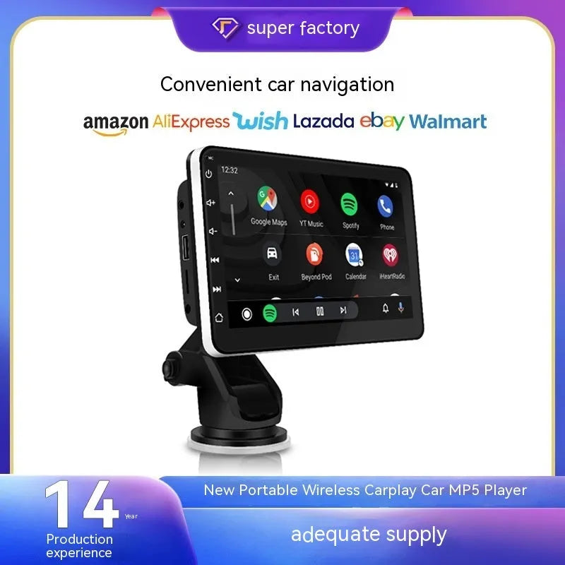 7-inch car GPS navigator with wireless CarPlay and reversing camera on dashboard with suction cup mount
