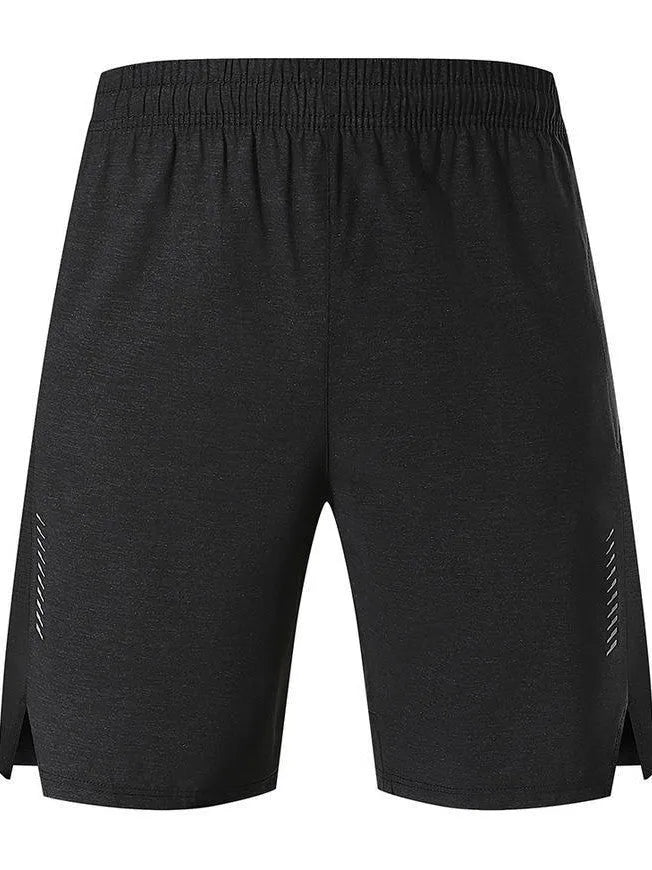 Men's forest green spandex five-point casual shorts with a mid waist on a hanger.