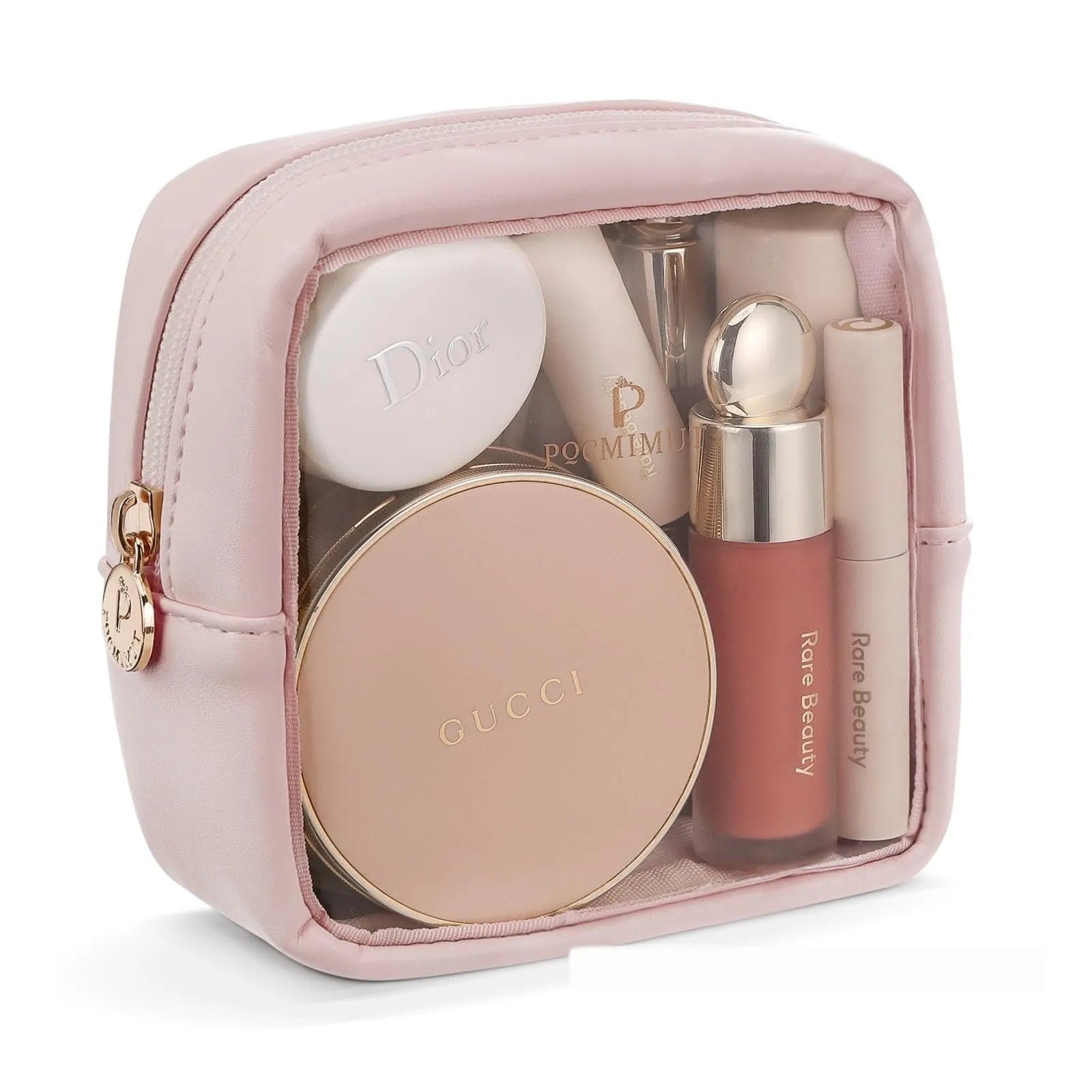 Clear PVC cosmetic bag with waterproof lining shown in a beige colour option.