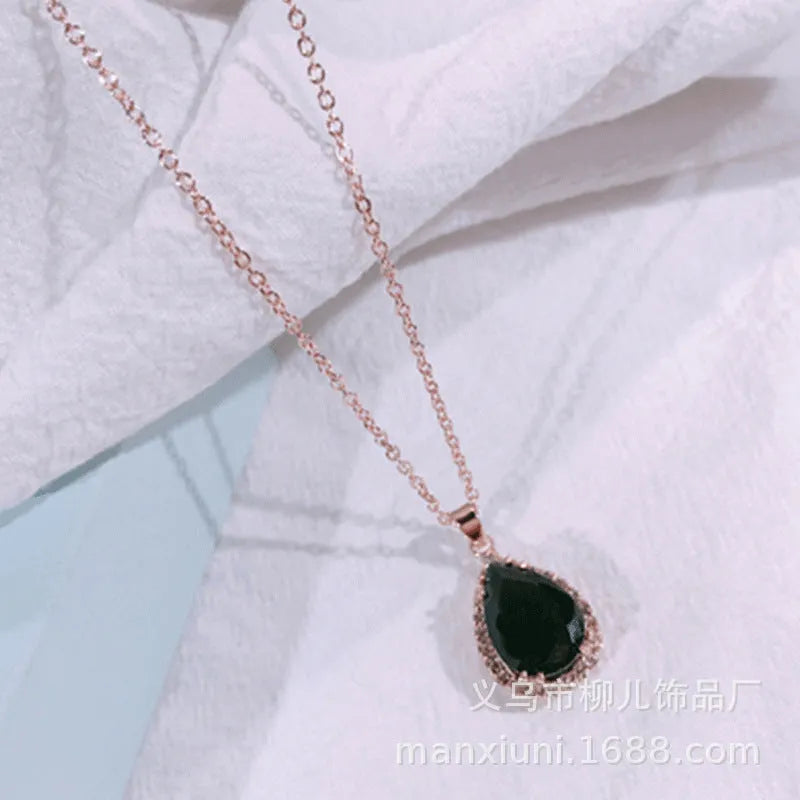 Rose gold drop necklace with rhinestone pendant in pink colour, geometric Japanese Korean style women's jewellery