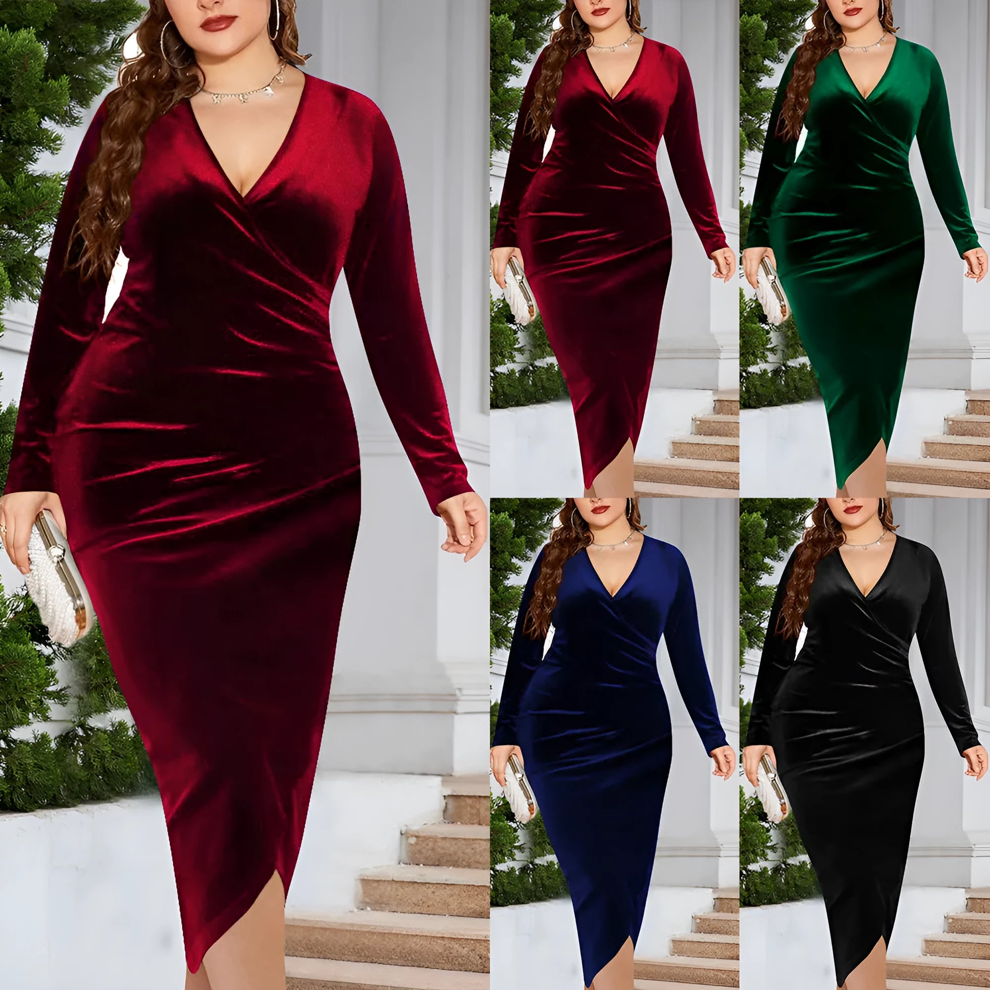 Women's plus size V-neck dress with regular long sleeves available in black, blue, green, or red