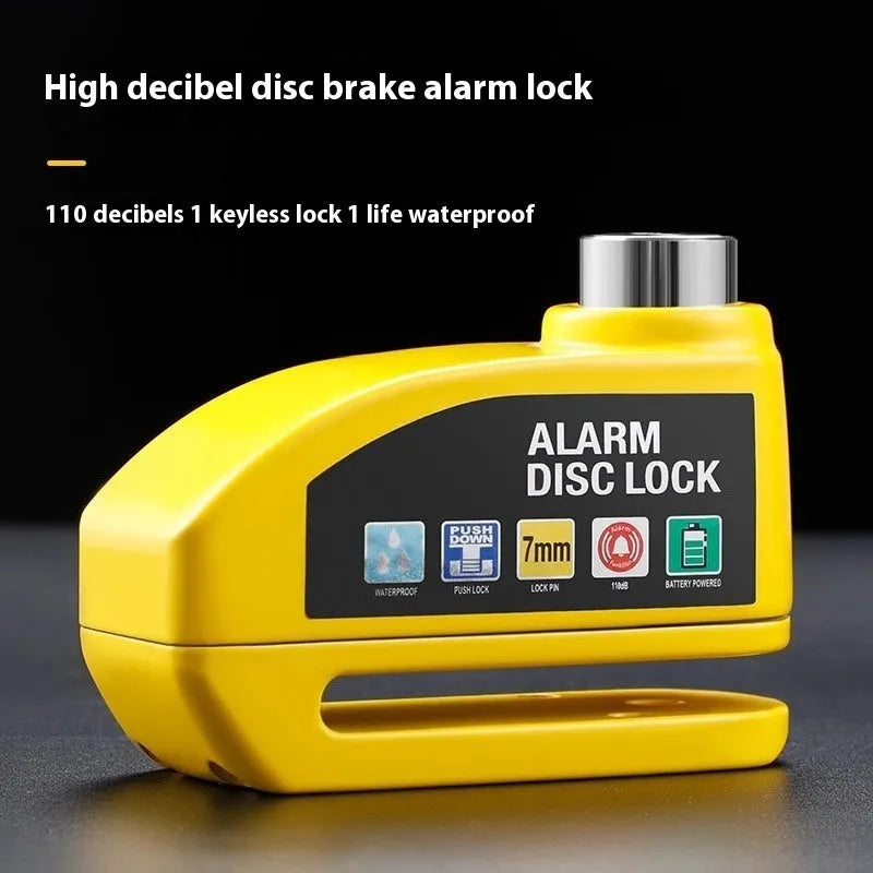 Motorcycle disc brake lock with alarm in black, showing lock and reminder rope