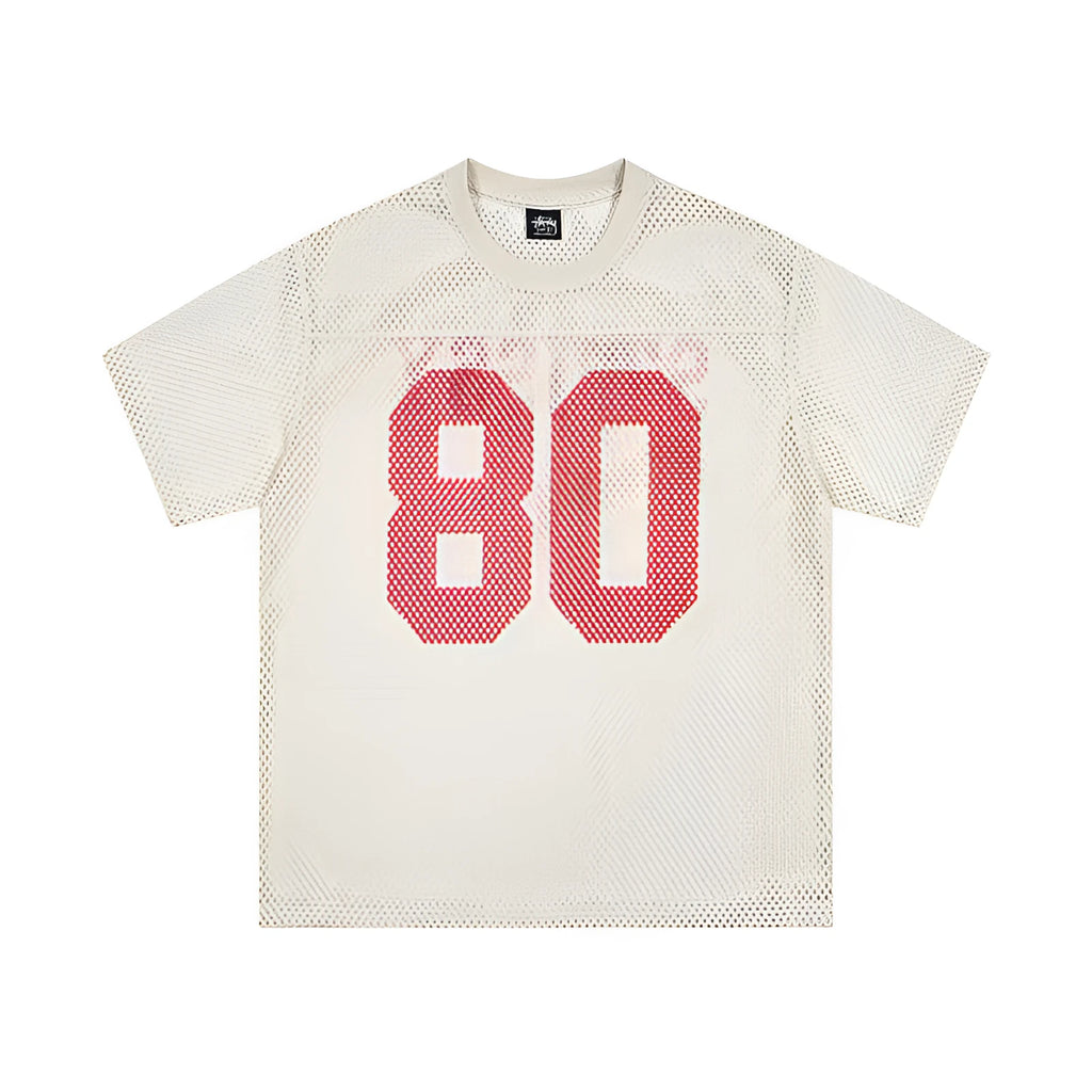 Cotton sports jersey letter print short sleeve pullover in black, loose fit, front view