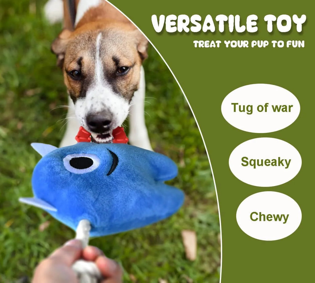Blue and green monster-themed plush dog toy with cotton rope elements and squeaker