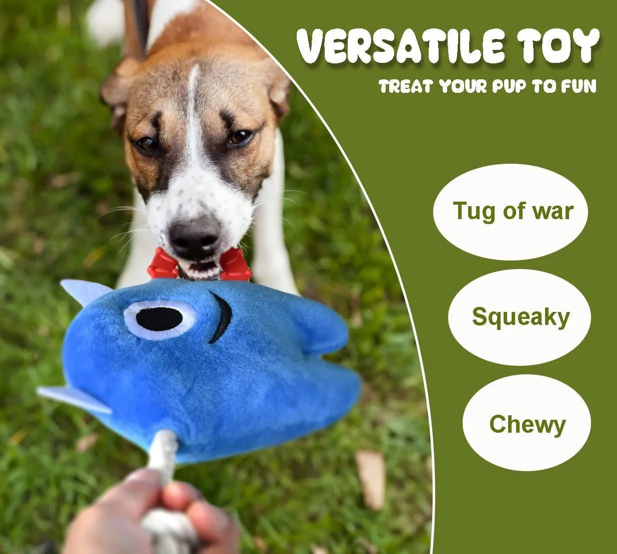 Blue and green monster-themed plush dog toy with cotton rope elements and squeaker