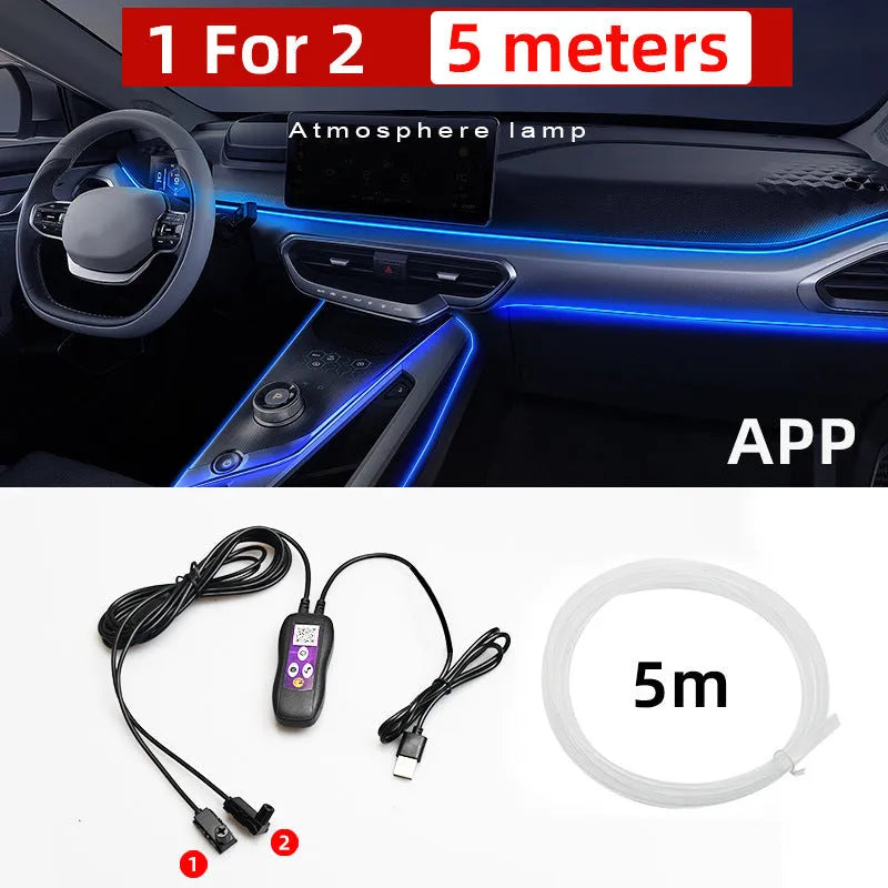 USB-powered colour changing LED ambient light strip for car dashboard and centre console illumination.