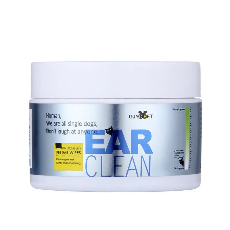 Pet dog and cat hygiene cleaning kit with bottles of foot foam, ear cleaner, deodorant spray, and packs of ear and eye wipes.