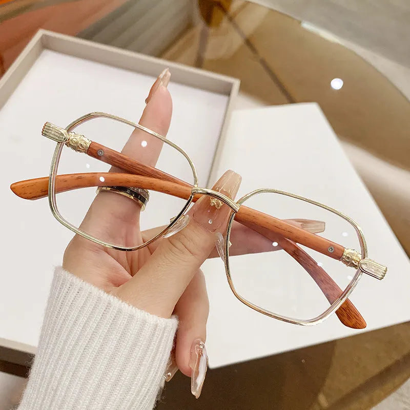 Frameless women's glasses with wood grain pattern and gold alloy frame in double blue colour variation