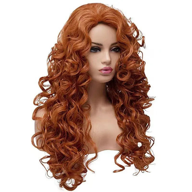 Brown long wavy curly cosplay wig with fluffy texture on display head