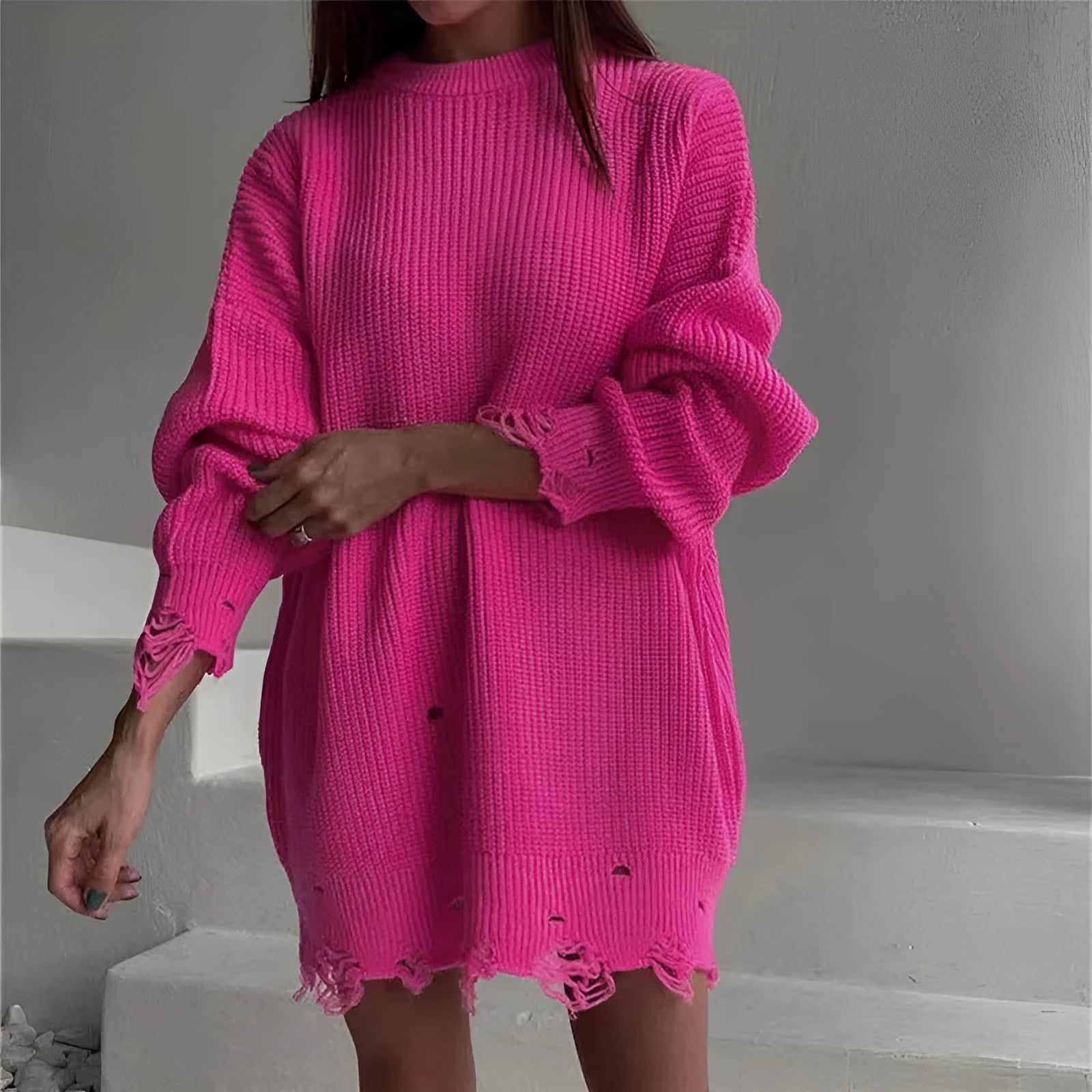 Loose hole knitted pullover sweater for women in solid colour Rose Red, black, and khaki