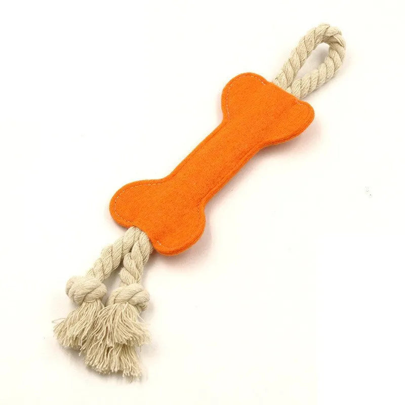 Bone shaped dog toy with rope knot design in choice of four colours for bite resistant training