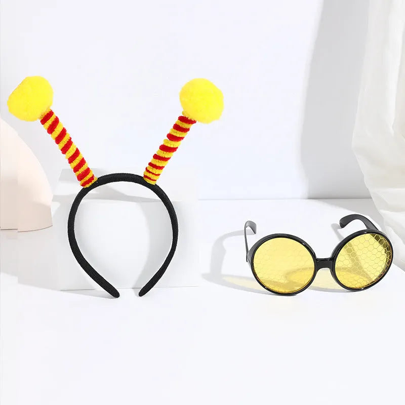 Yellow bees costume set with a cloth headband and glasses featuring insect details.