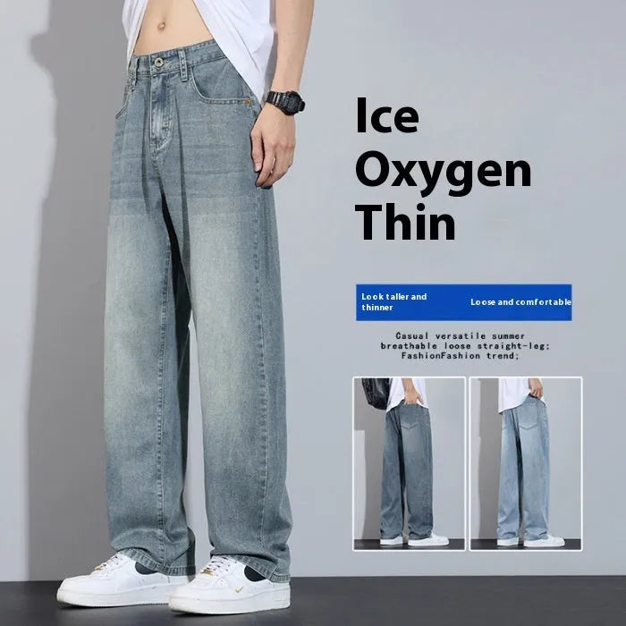 Straight-leg denim casual trousers in thin fabric on a hanger.