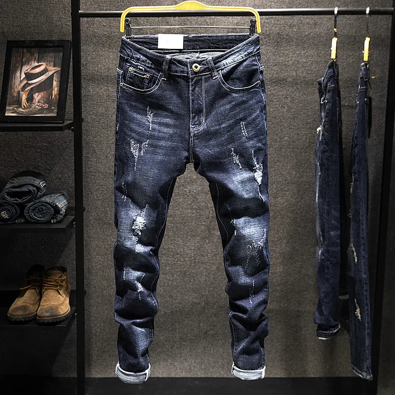Men's slim fit cotton denim jeans with micro elasticity in dark blue and light blue colour options