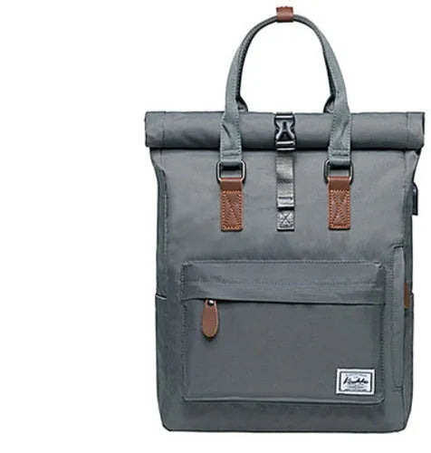 Casual polyester backpack with cover opening showing internal computer pocket and zipper organiser