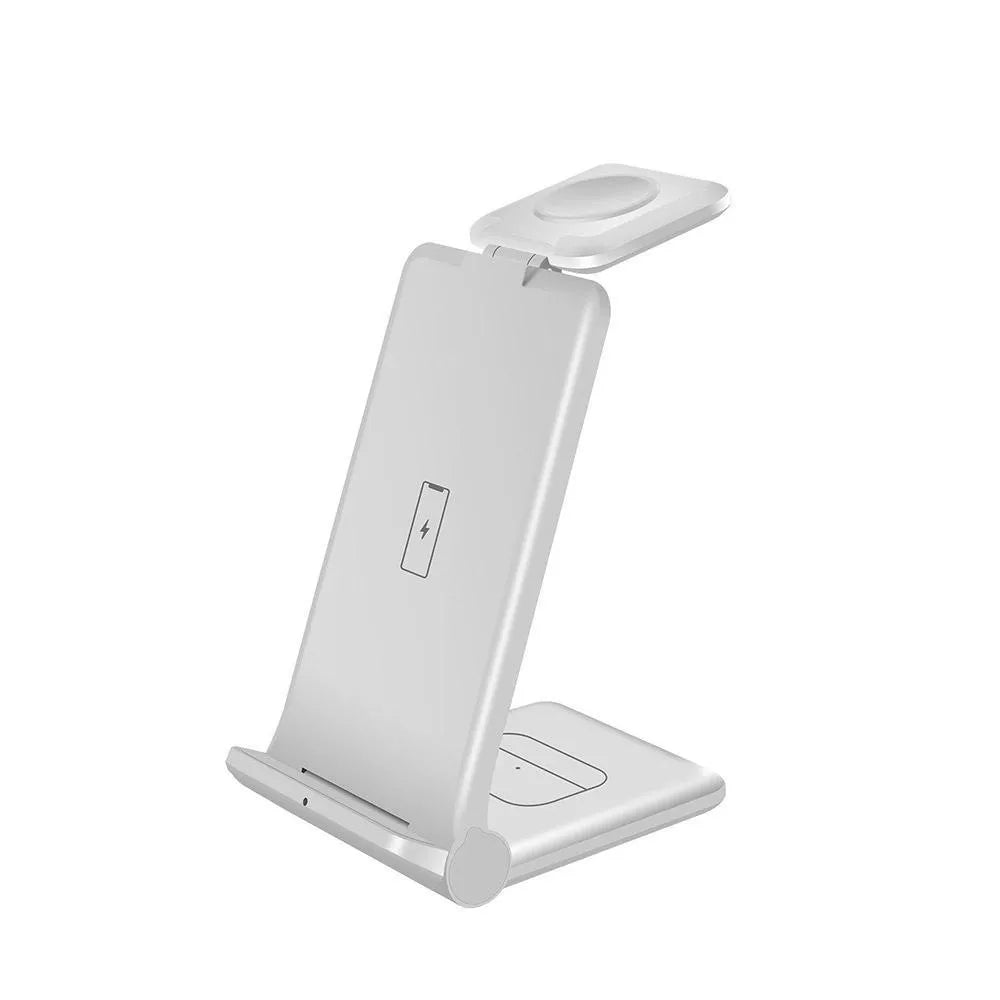 Black and white 3 in 1 foldable wireless charging station for iPhone, AirPods and Apple Watch on a desk.