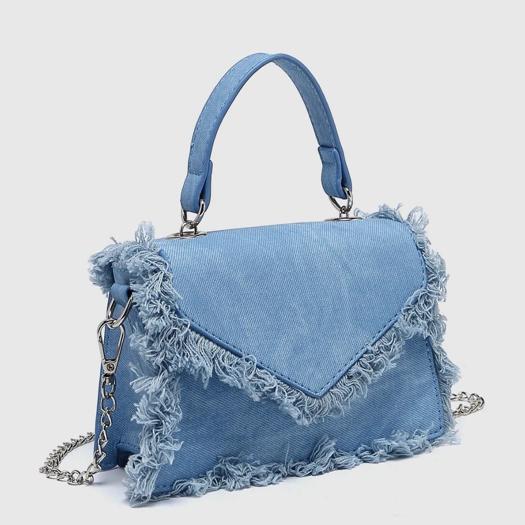 Retro tassel bag mini crossbody bag in denim blue colour, PU material, with tassel detail and crossbody strap.
