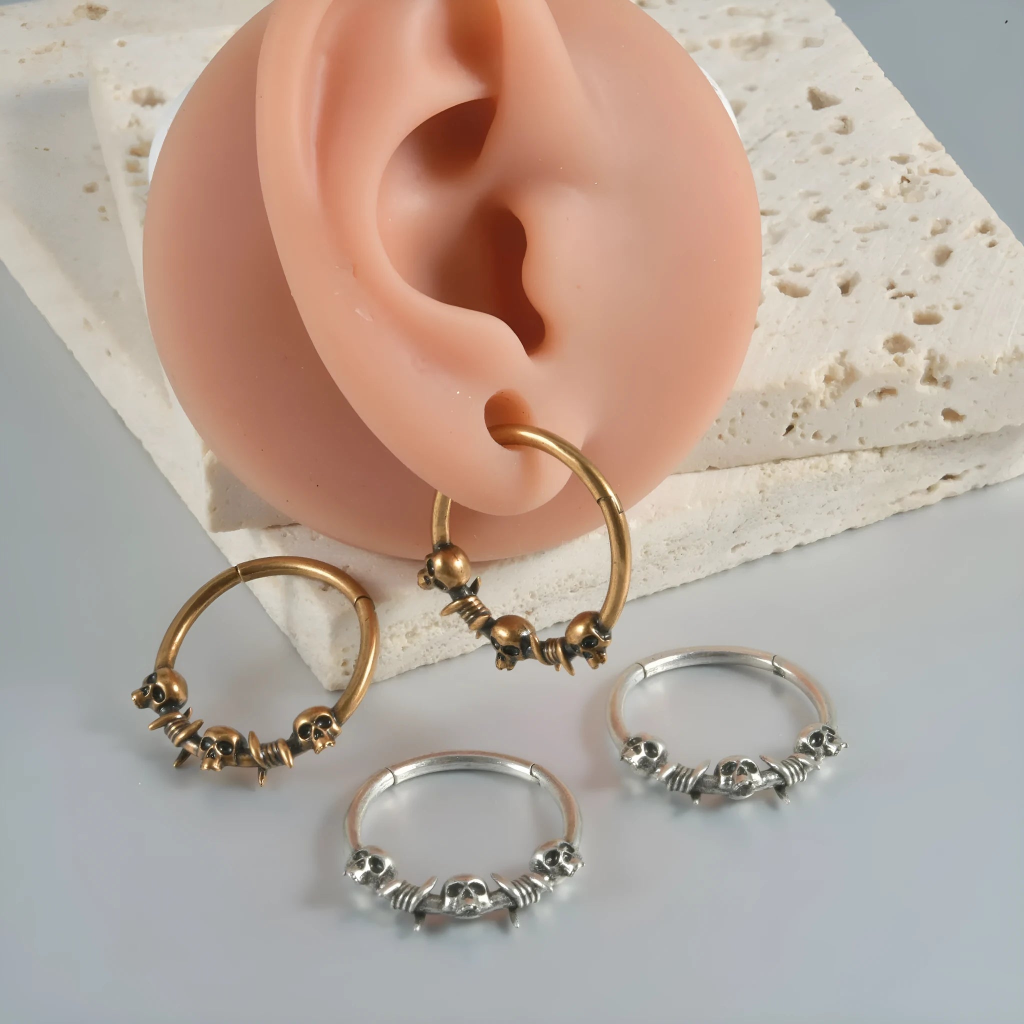 Copper punk earrings with vintage ghost heads in antique gold or silver finish