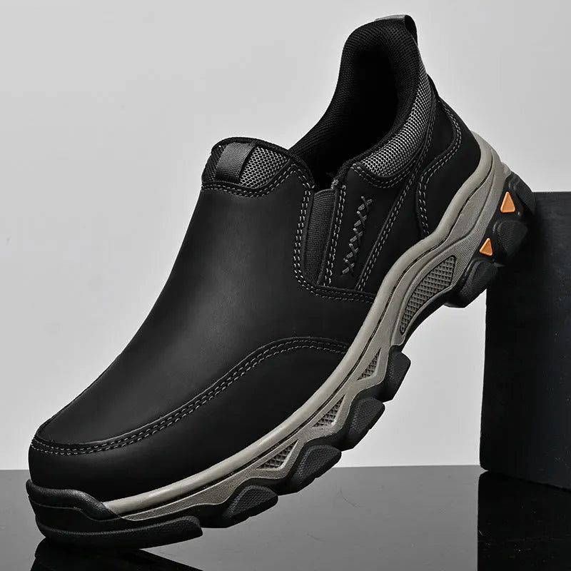 Men's dark brown casual shoes with PU leather upper and rubber sole shown in round toe flat heel design