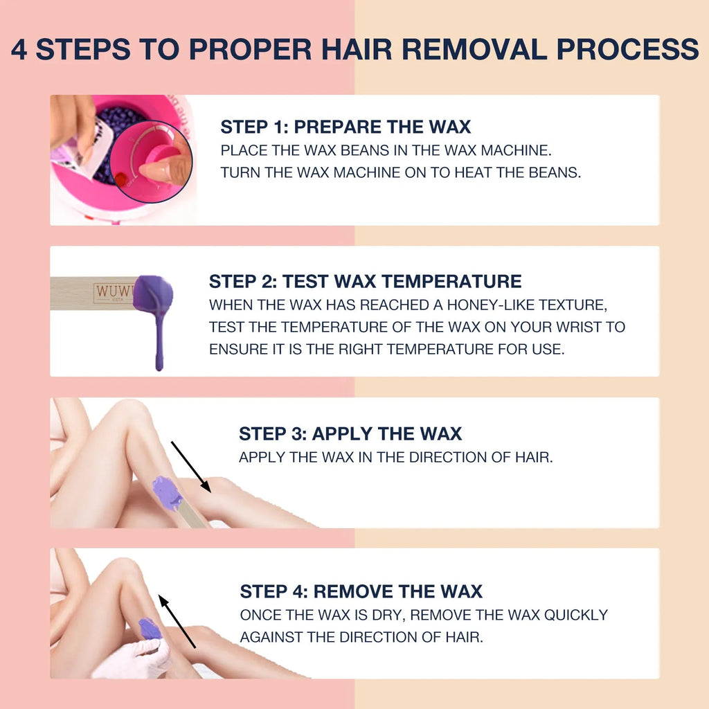27-piece hair removal wax kit with four coloured wax beads, wax machine, applicator sticks and guidebook for home waxing