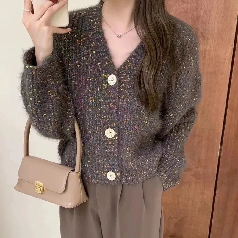 Vintage coloured dot short loose knitted cardigan sweater in purple black beige polyester long sleeve free size