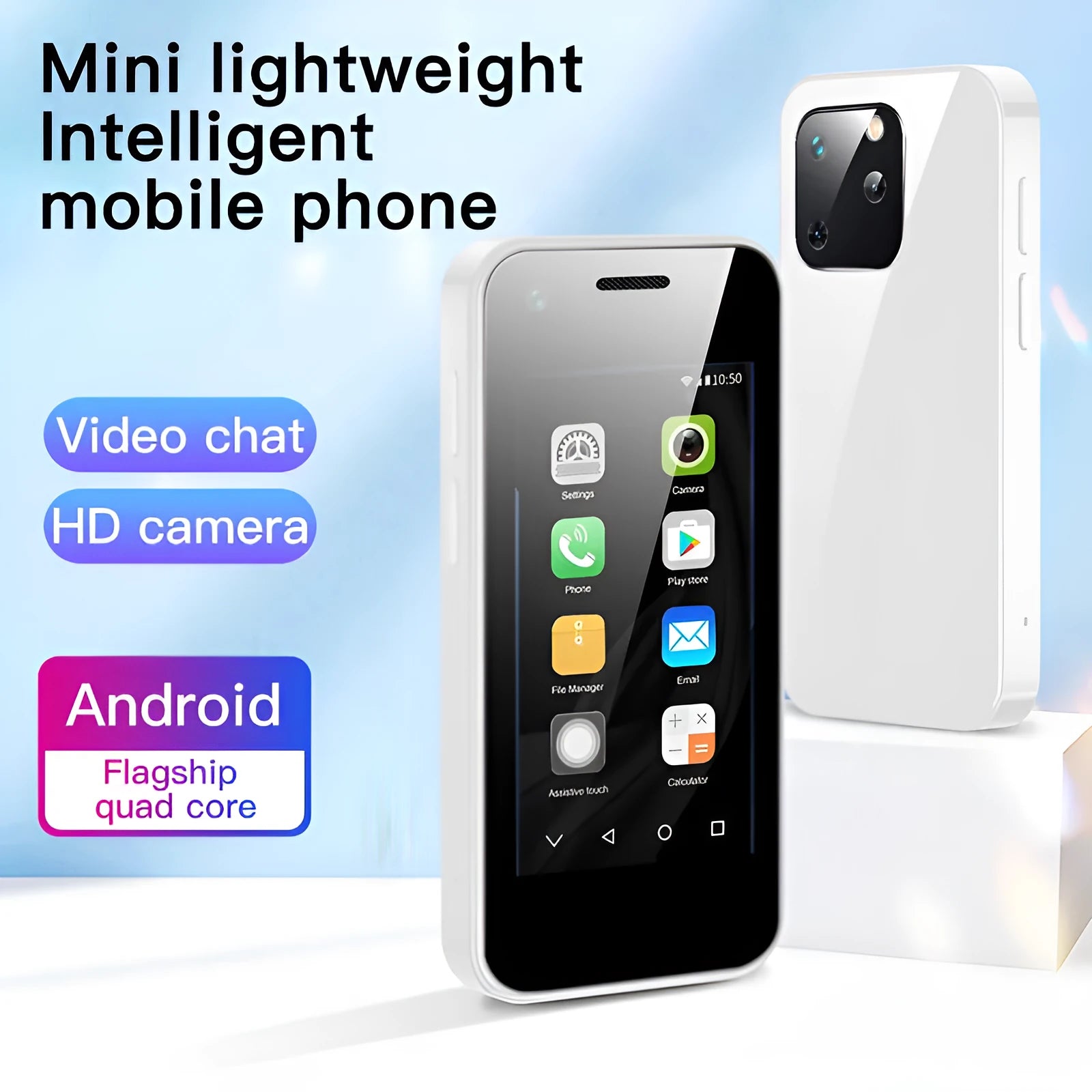 Compact Android smartphone with 2.5-inch screen in Phantom Night Black colour on a white background.