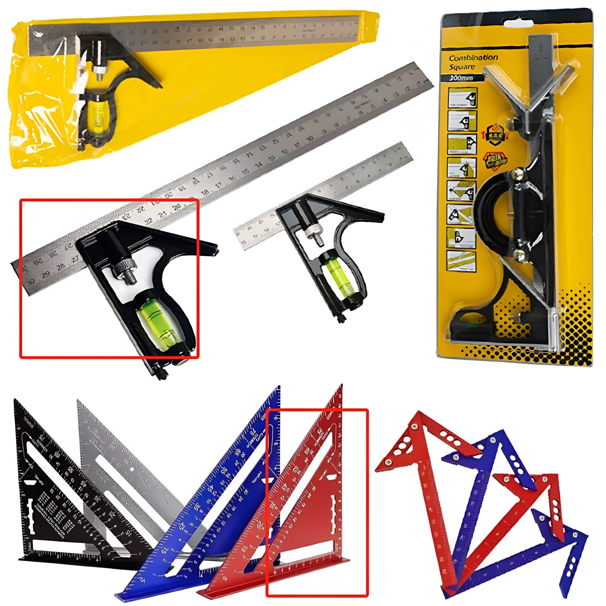 Red 7inch metal combination angle ruler with metric scales for surveying