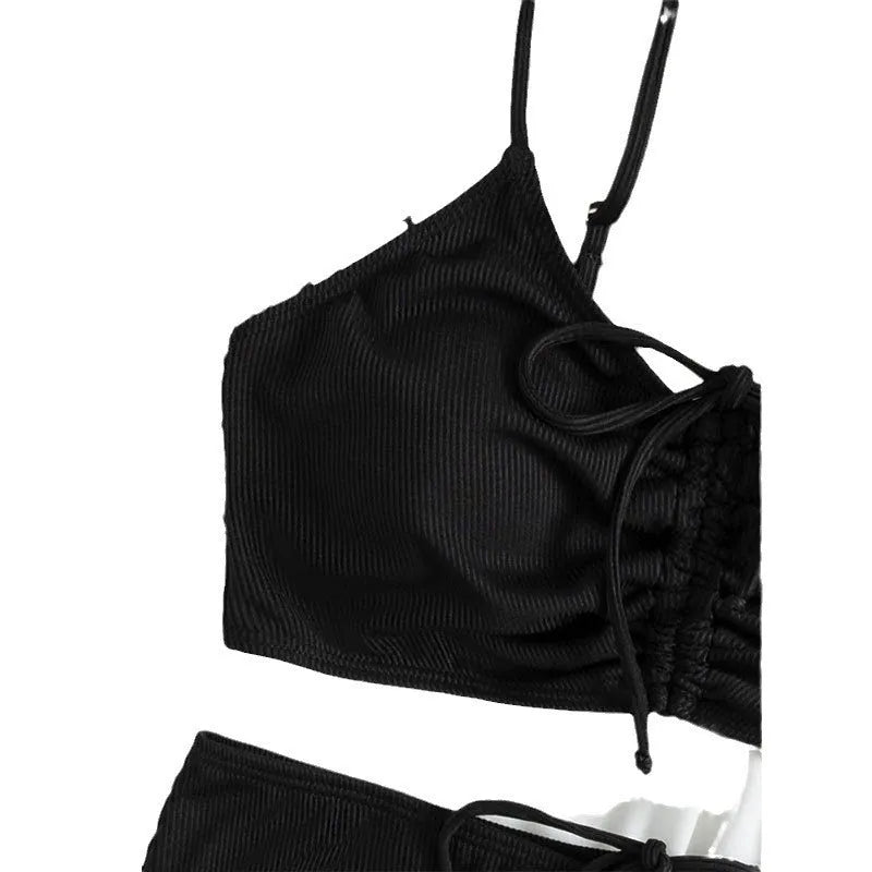 Black women's bikini swimsuit with sling split high waist shorts and sleeveless top