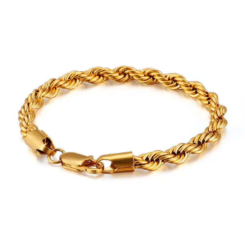Gold double colour twist chain titanium steel bracelet with geometric design on white background