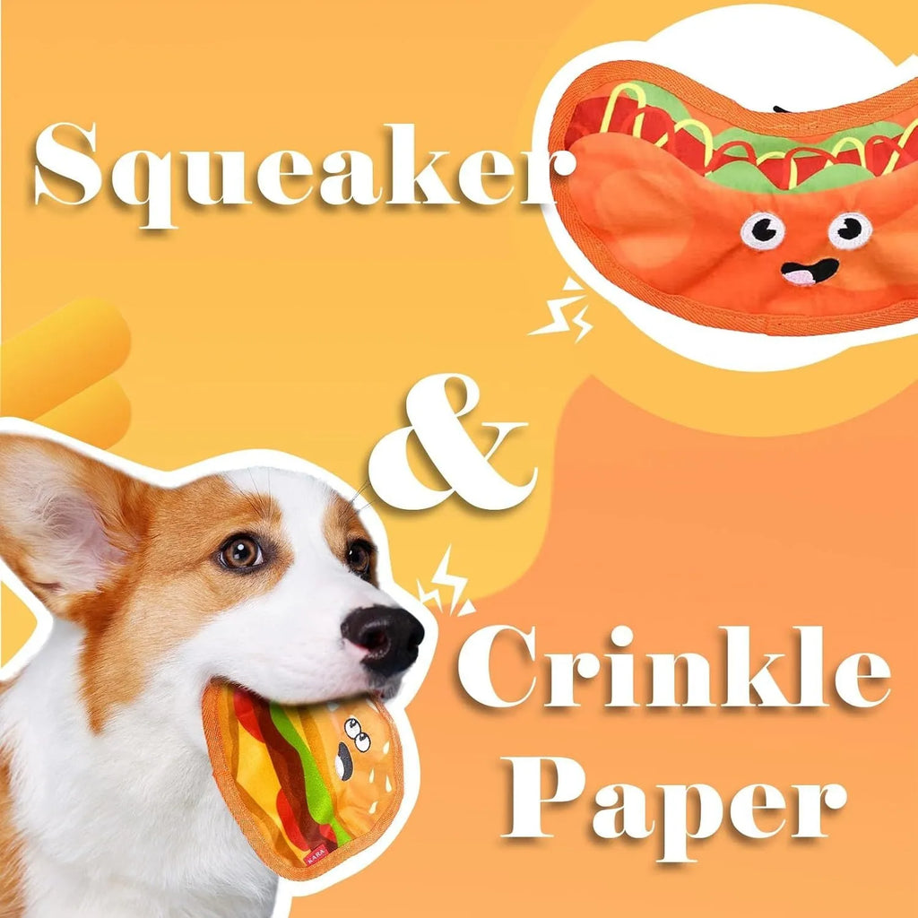 Colourful hamburger, fries, hot dog, and pizza shaped dog chew toys with crinkle and squeak features