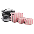 Pink striped waterproof makeup bag with flower pattern and synthetic leather construction