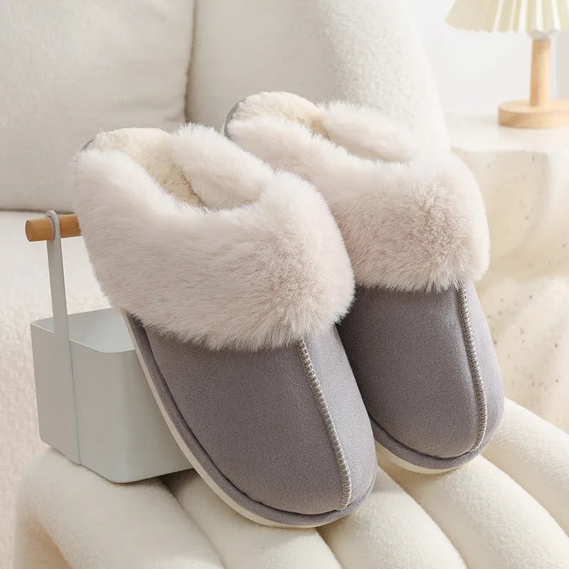 Women's round-toe plush slippers in multiple colours with a non-slip PVC sole.