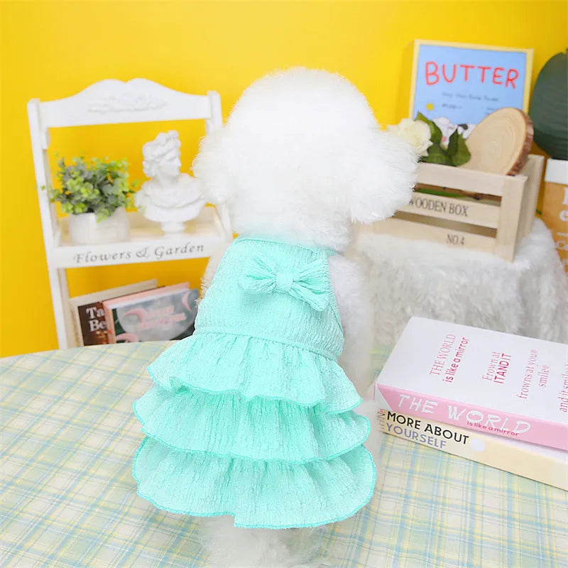 Small dog wearing a layered princess dress in a candy skirt style, available in rose red, yellow, or green.