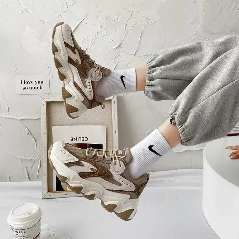 Women's colourblock sneakers with black mesh upper, super high heel, cross shoulder strap, and lace-up closure