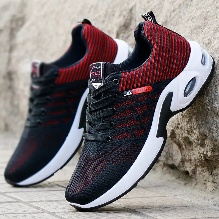 Men's breathable mesh lace-up running sneakers with striped design in black blue colour option
