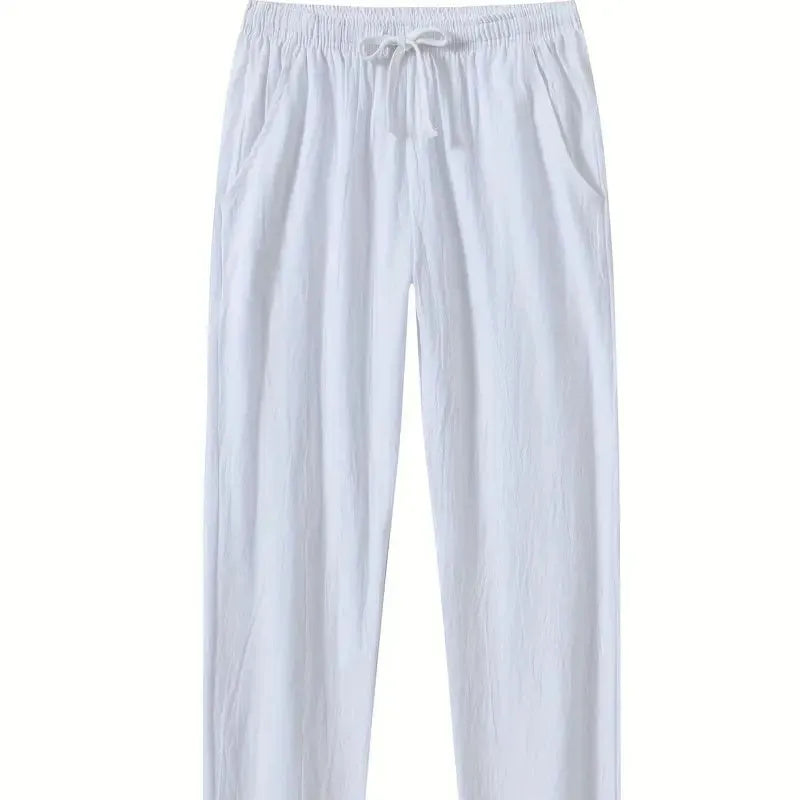 Men's cotton and linen beach pants in khaki, loose fit with drawstring waist, solid colour design