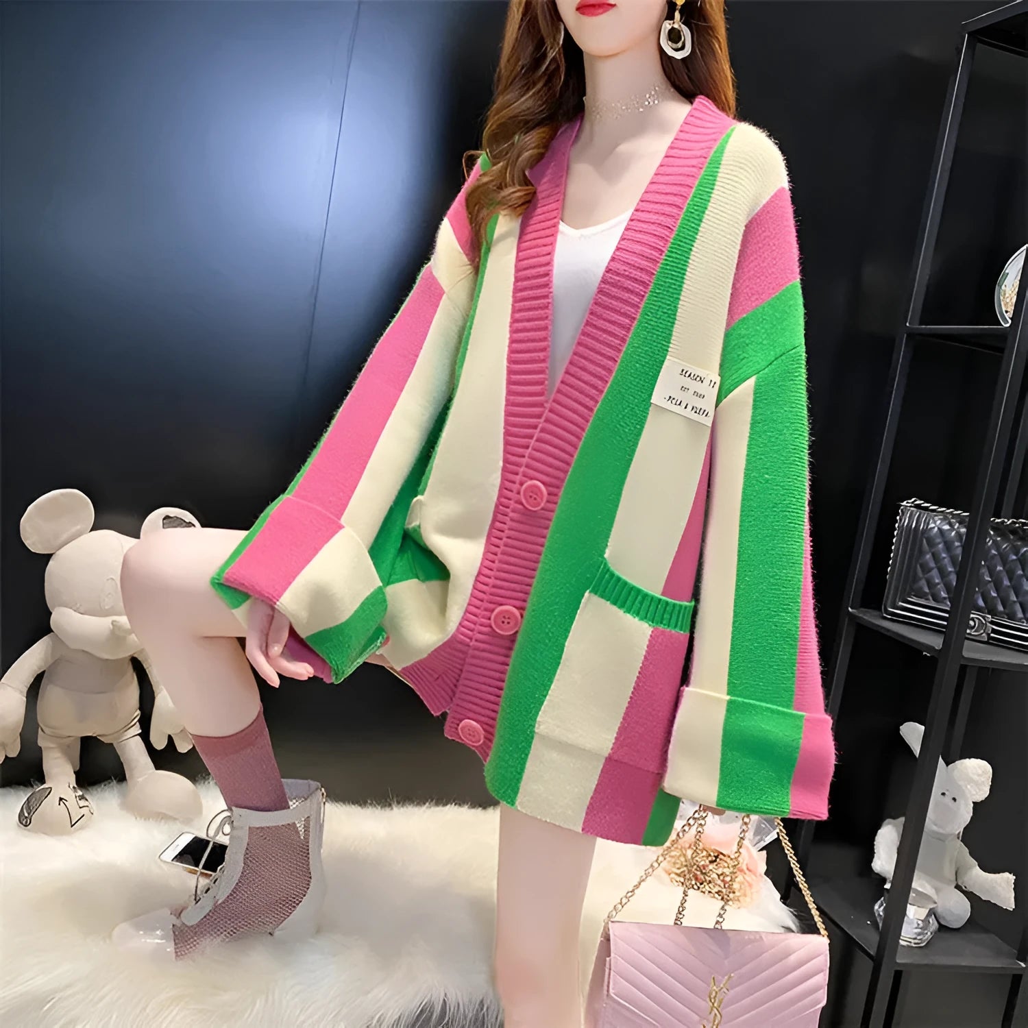 Striped colour stitching knitted cardigan for women, loose fit, long sleeves, available in green pink colourway