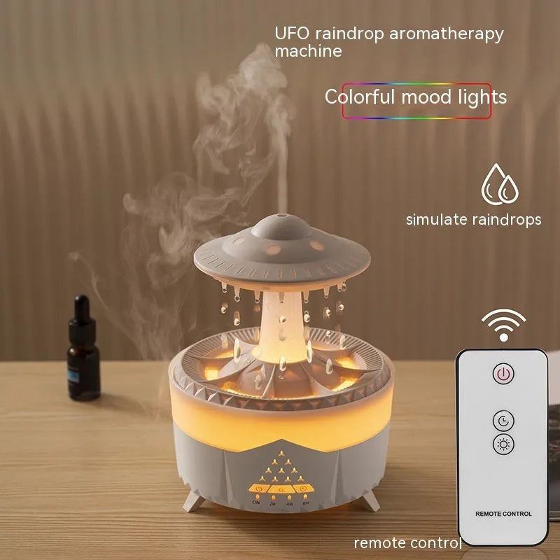 Raindrop humidifier with 350ml capacity, 7 colour nightlight, and essential oil diffuser in white finish