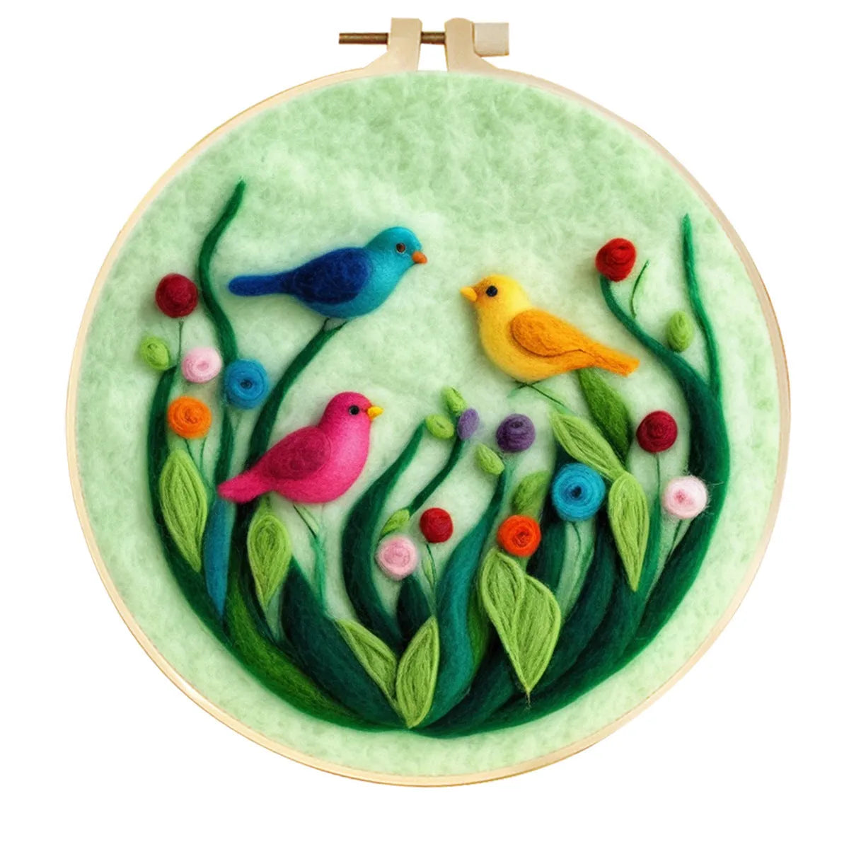 Round 20x20 cm linen embroidery kit with wool felt pieces for floral design and included embroidery frame.