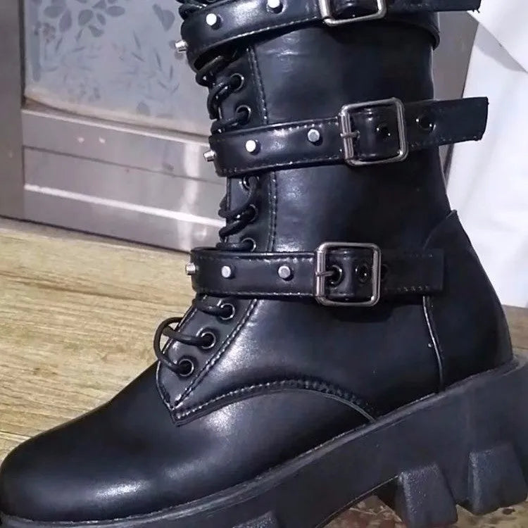Women's black mid-calf knight boots with metal buckles and side zipper