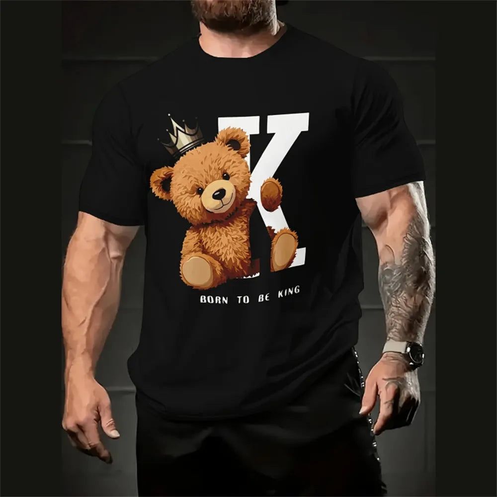 Men's loose fit cartoon 3D printed short sleeve T-shirt in milk silk linen blend fabric