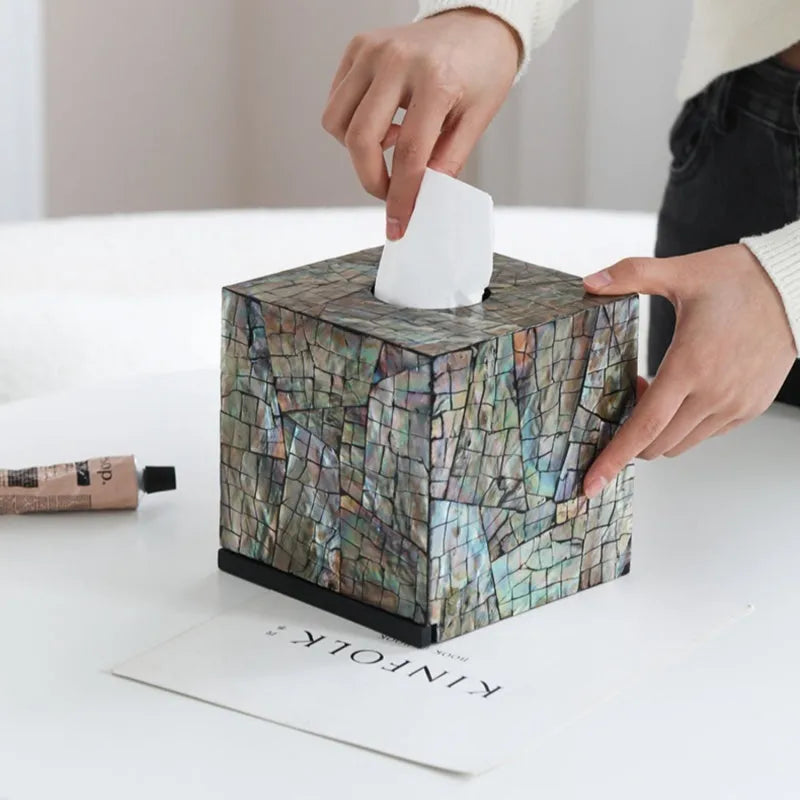 Modern black shell tissue box organiser with removable storage compartments on coffee table