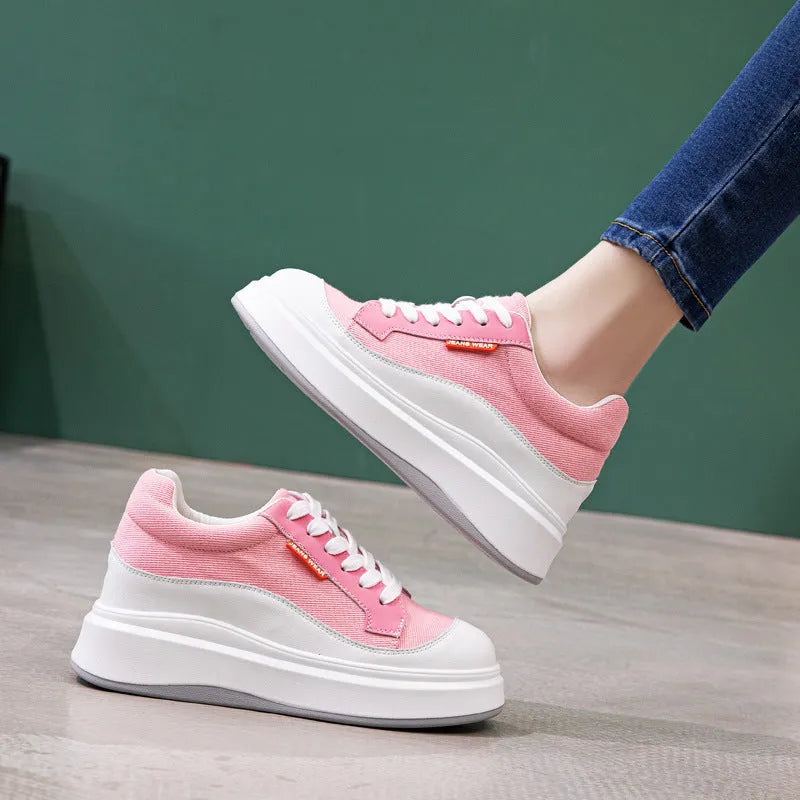Women's beige leather board shoes with thick sole for height increase, showing cowhide leather upper and casual design