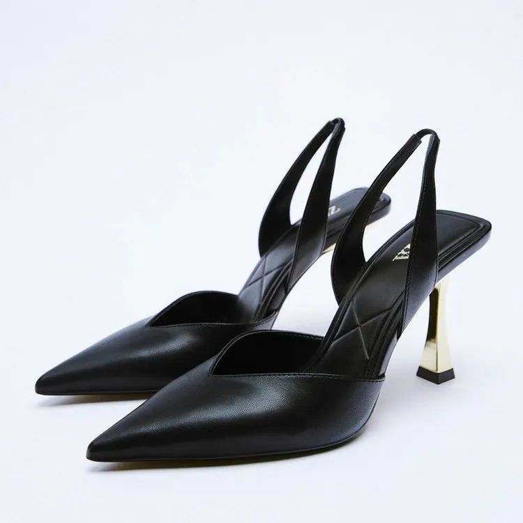 Women's nude patent leather pointed high heels in black and apricot colours with shallow mouth design