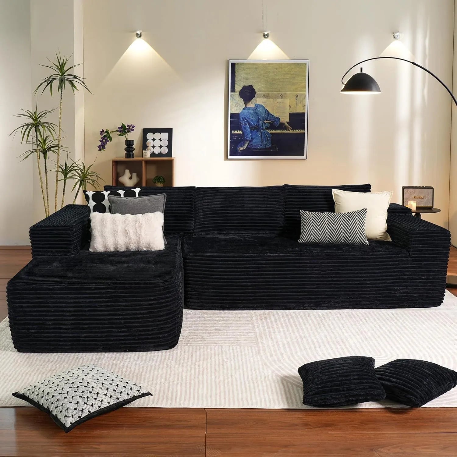 Modern minimalist flannel sofa in beige colour, no assembly required, for living room or office use