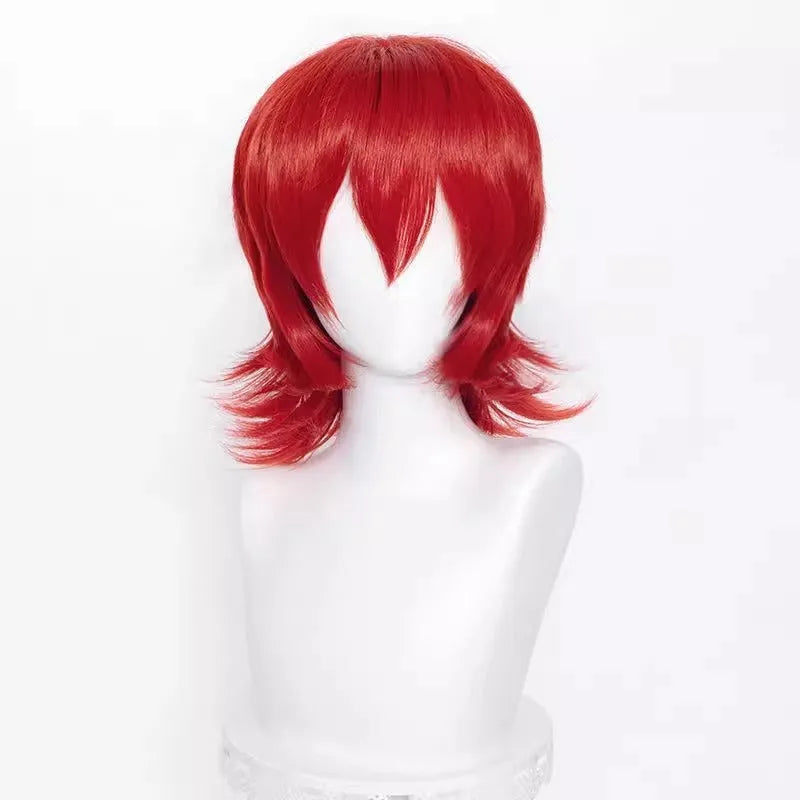 A short hairstyle Anime cosplay wig for men on a stand, shown in a vibrant colour.