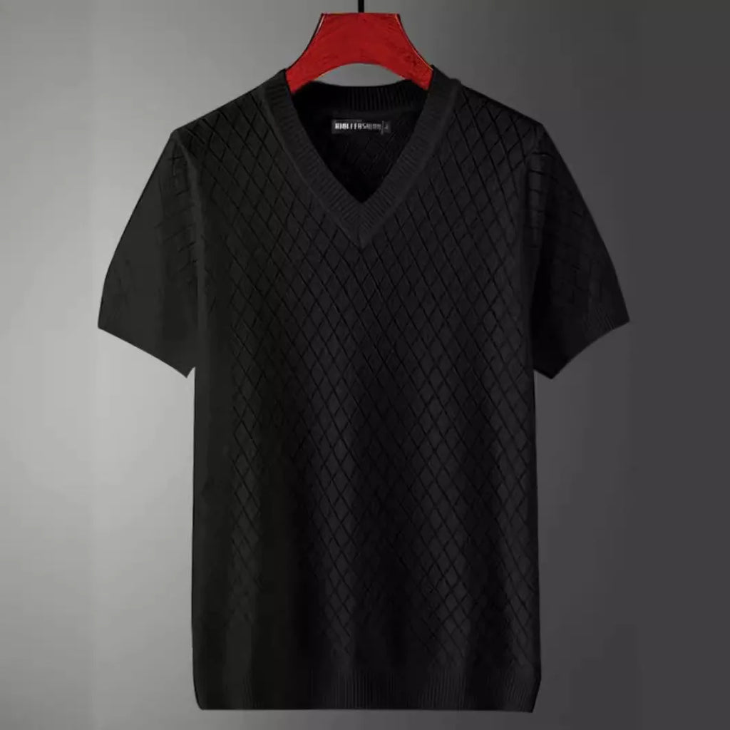 Men's ice silk cut-out T-shirt in black with V-neck design and short sleeves