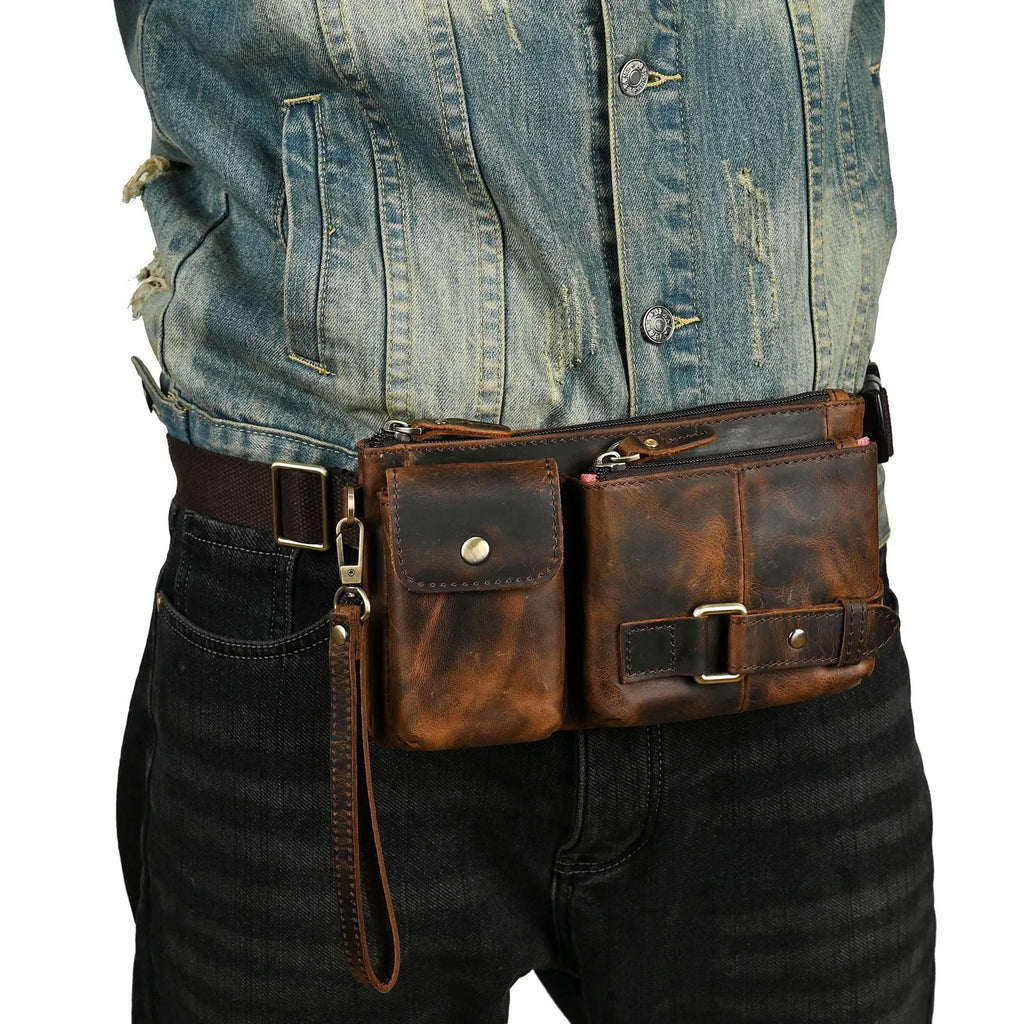 Men's vegetable tanned cowhide leather chest bag crossbody in Dark Crazy Horse colour