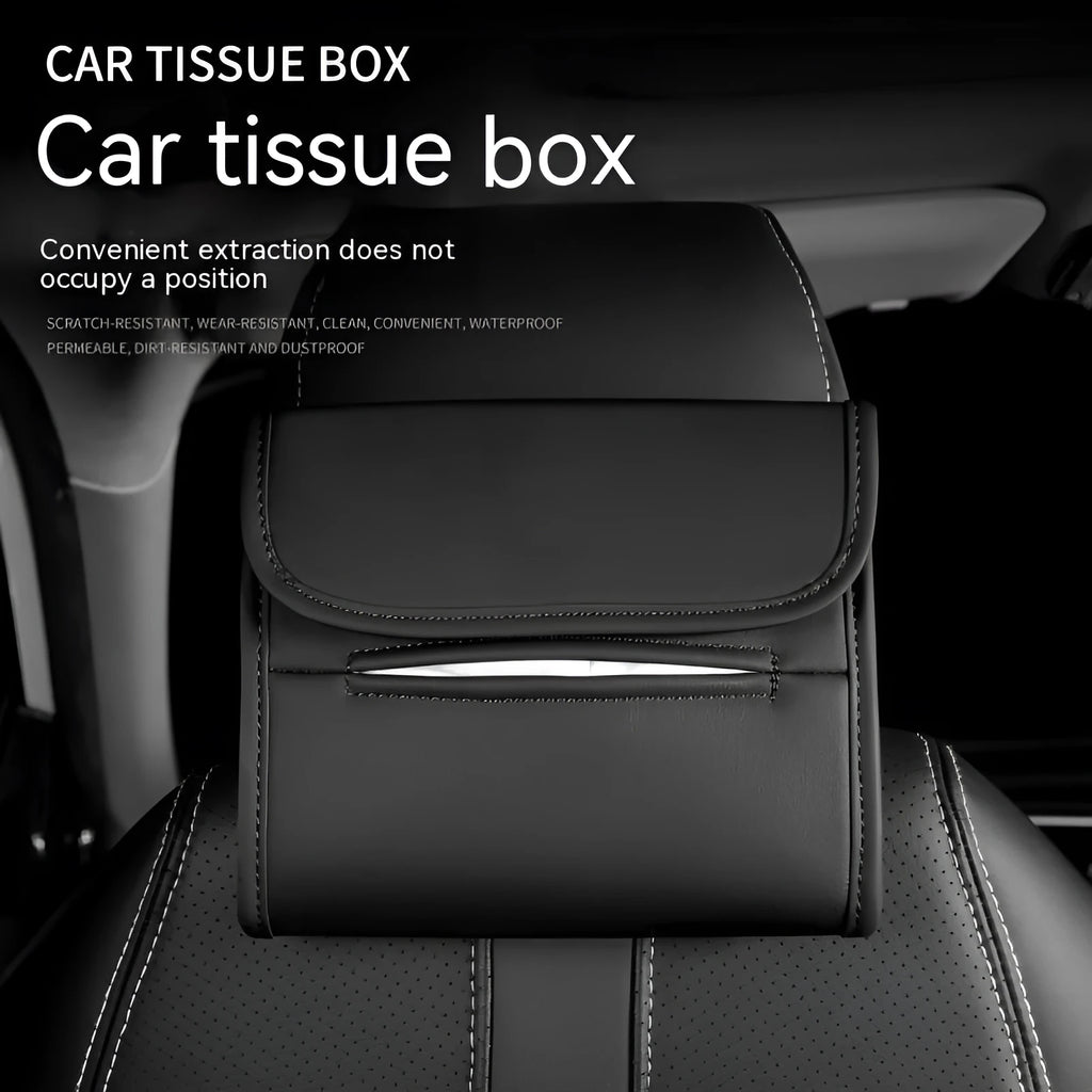 Leather car tissue box holder with elastic band button mounting on car sun visor