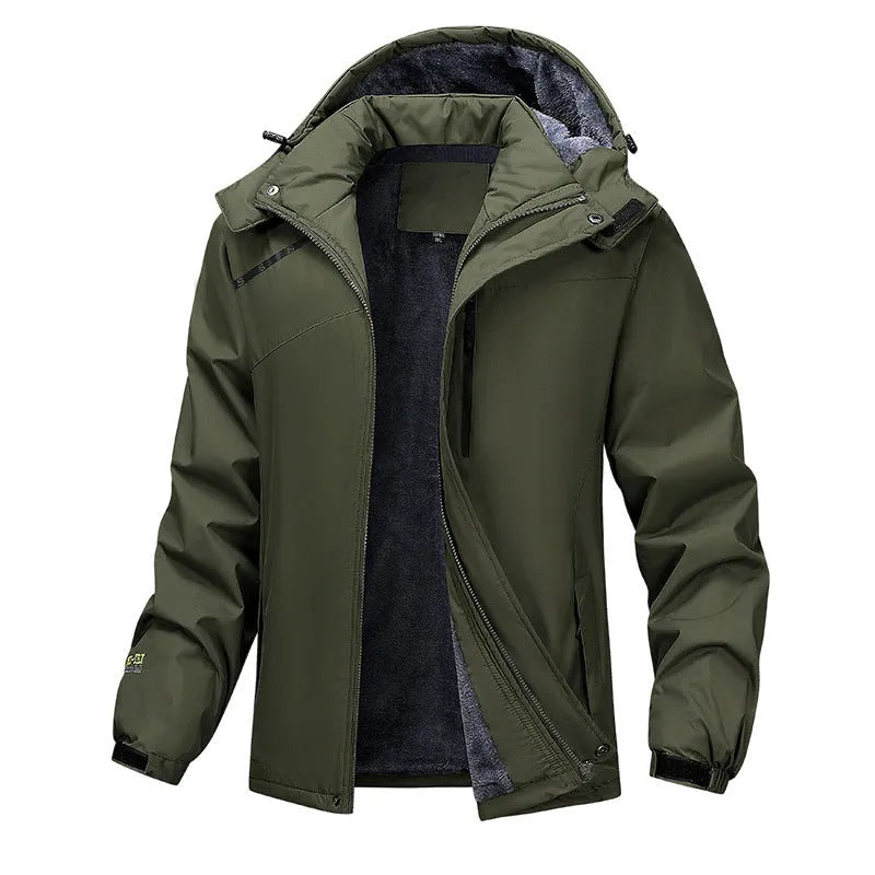 Men's plus size loose fit hooded coat in army green, showing front view with zipper and hood.